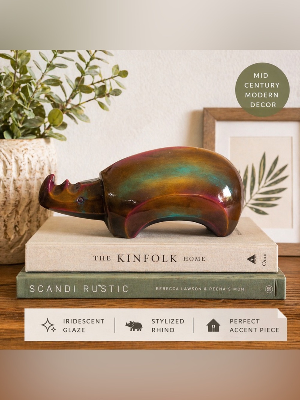 Vintage Mid Century Modern Ceramic Rhino – Iridescent Oil Slick Glaze